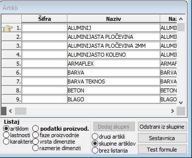 Grupa artikala - ubaci/izbaci